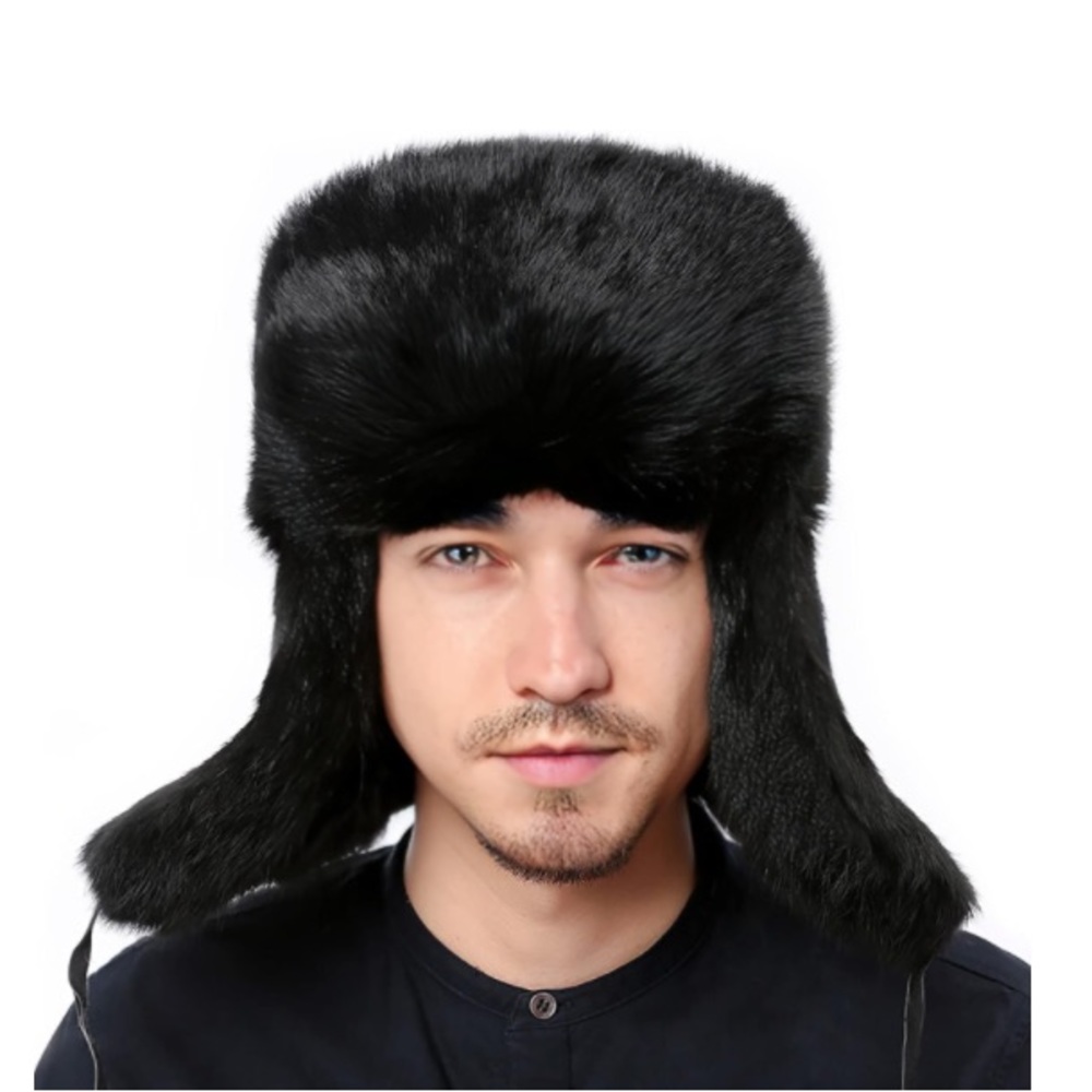 Russian Men Women Fur Hat with 100% Rabbit Fur Aviator Earflap Hat Windproof